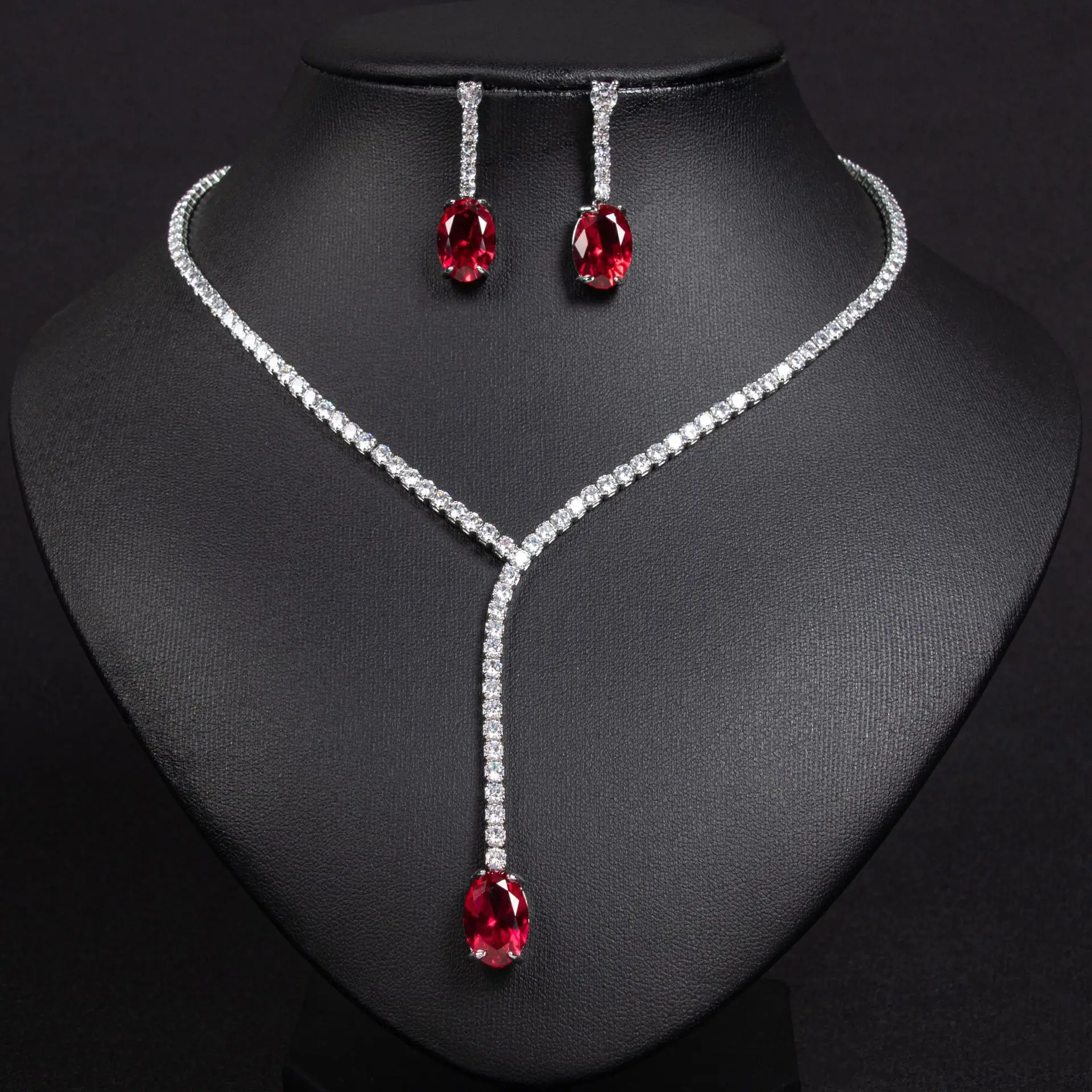 

Necklace Female Color Treasure Bride Zircon Necklace Earrings High-end Jewelry Set Ruby Egg Face Pendant Manufacturer Approved