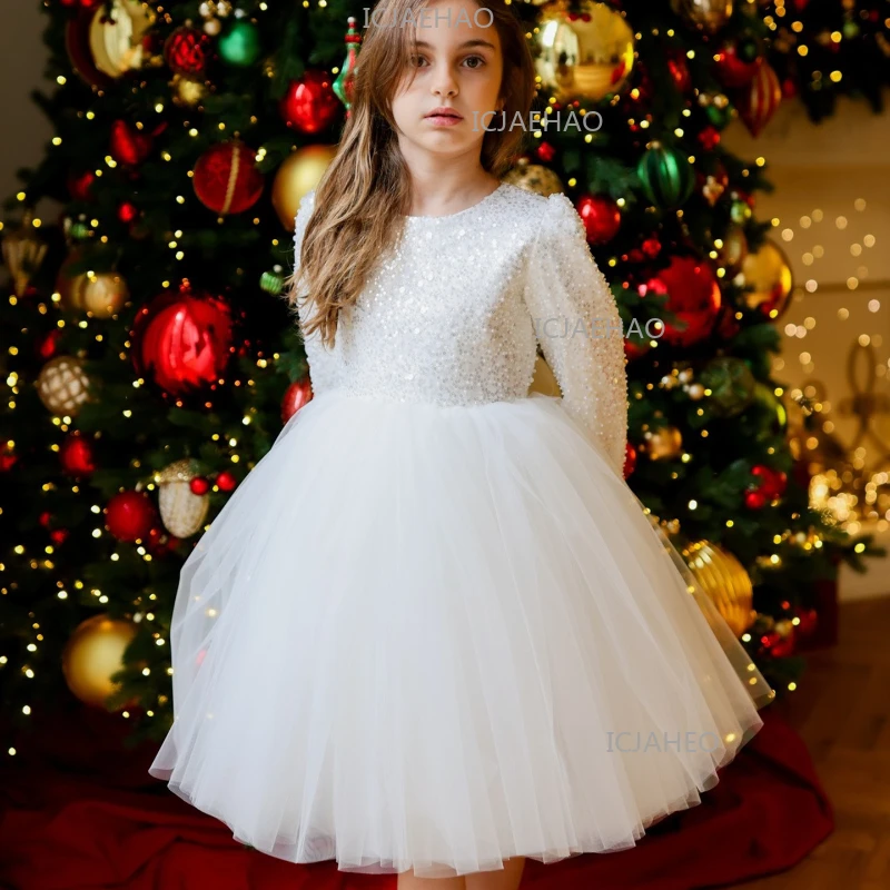 New White Sequin Bow Girls Long Sleeve Party Dress Children Model Pageant Performance Gown Formal Attire Celebration Outfit