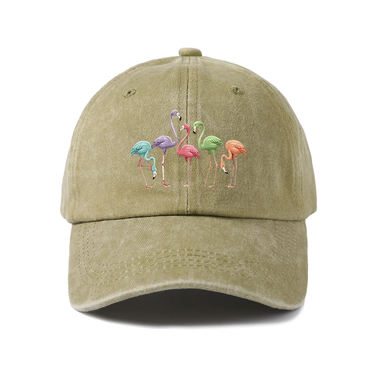 Colorful Flamingo Group Graphic Baseball Cap, Vintage Washed Adjustable Unisex Dad Hat, Casual Gift
