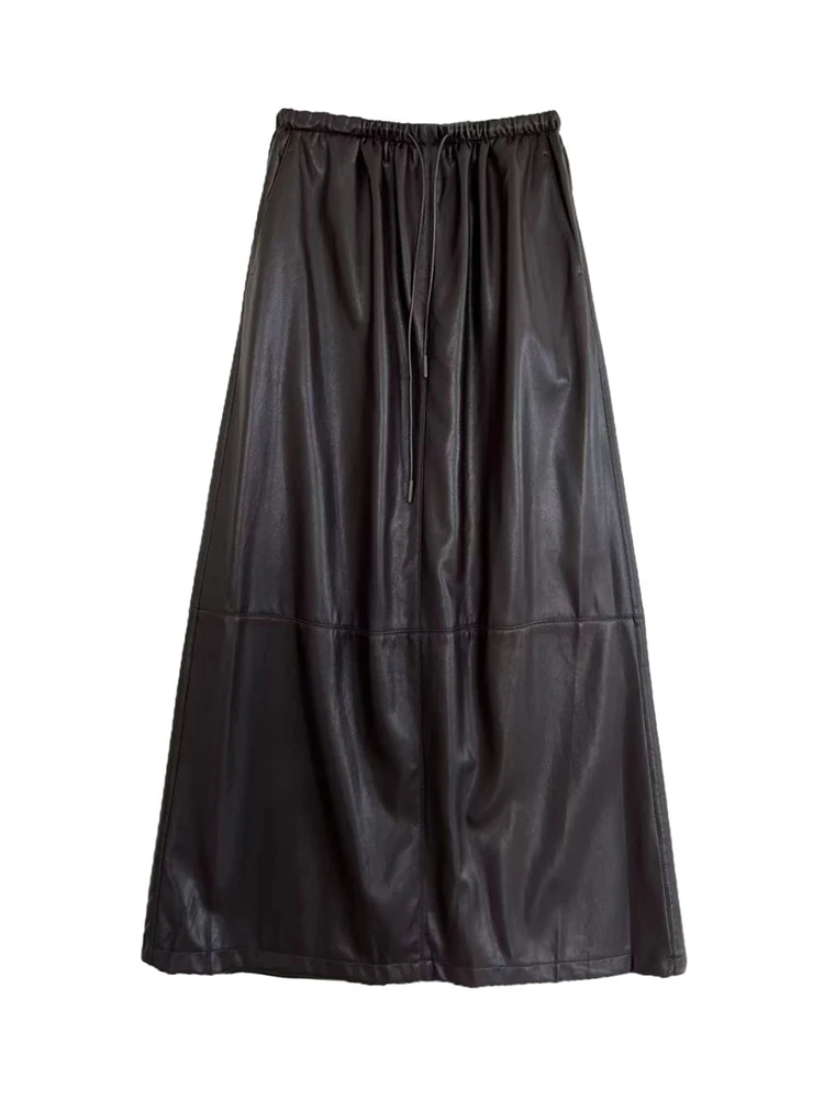 Fanan 2025 outono novas saias de couro para mulheres elásticas cintura alta a linha de comprimento médio saia vintage moda roupas femininas