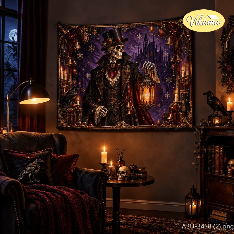 VIKAMA Gothic Christmas Dancing Female Skull Tapestry, Vintage Background Cloth, Living Room Party Wall Decor