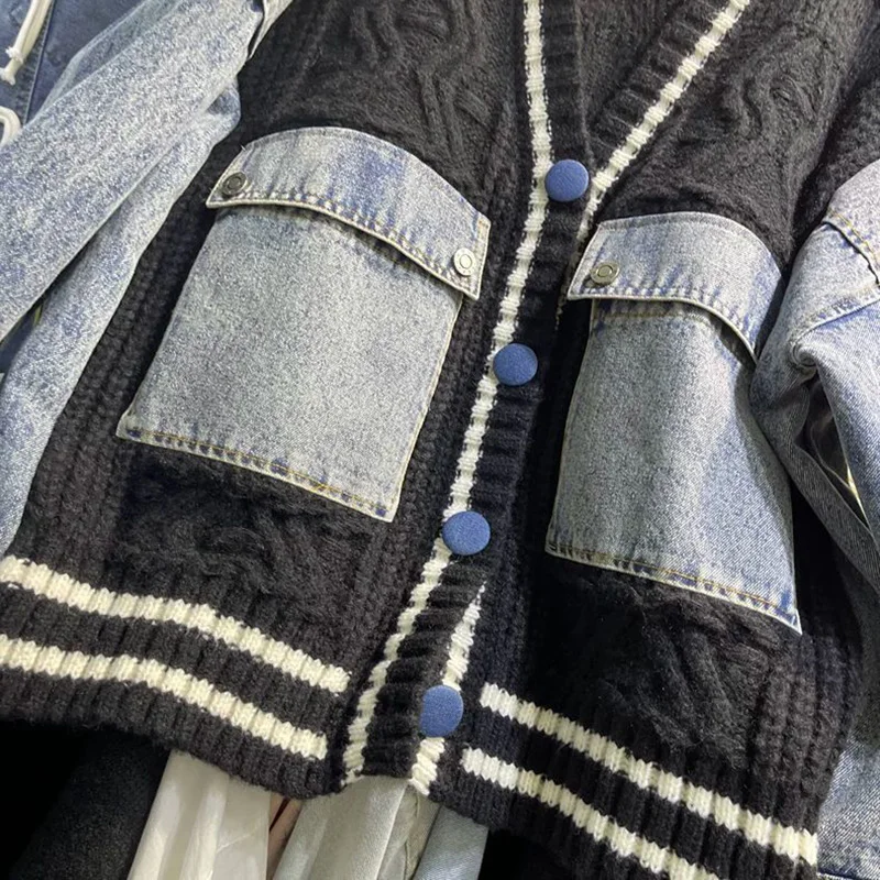 Contrast Denim Outerwears V-Neck Long Sleeve Ropa Mujer 2026 Loose Woman Cardigans Autumn Winter Double Pocket Sweater