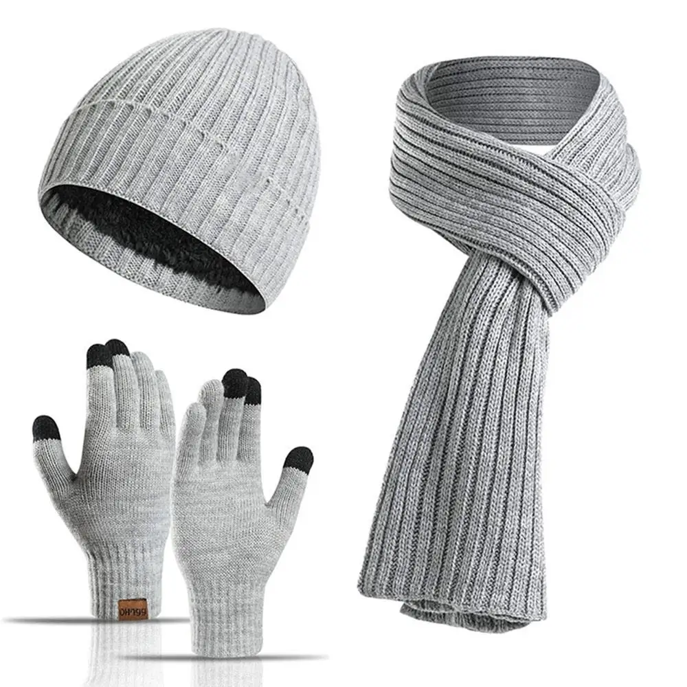 Повседневные утолщенные шапочки, шарф, перчатки, комплект, зимняя теплая шапка-бини на флисовой подкладке, вязаная шапка унисекс, комплект 3 в 1, комплект для женщин и мужчин