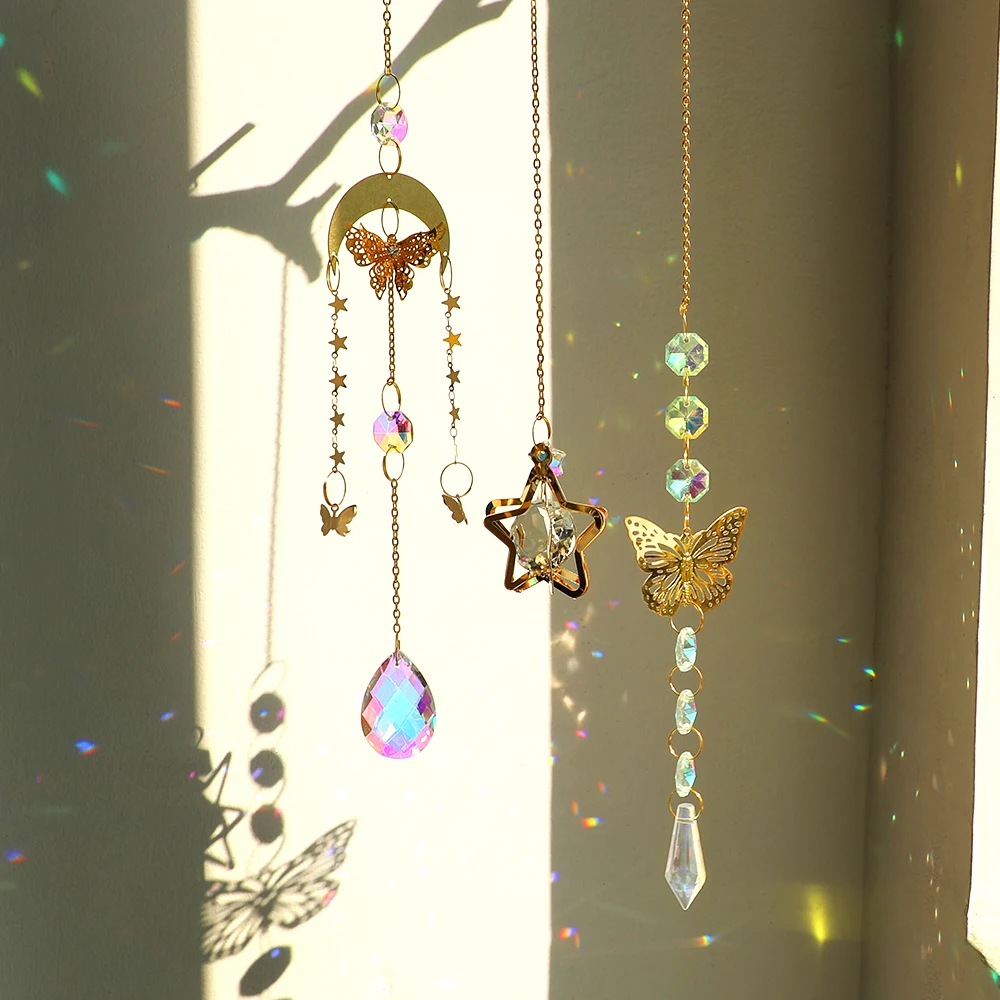 

Gold Rainbow Prism Suncatcher Butterfly Star Sun Catcher Car Charm Light Catcher for Window Garden Hanging Crystal Decorations