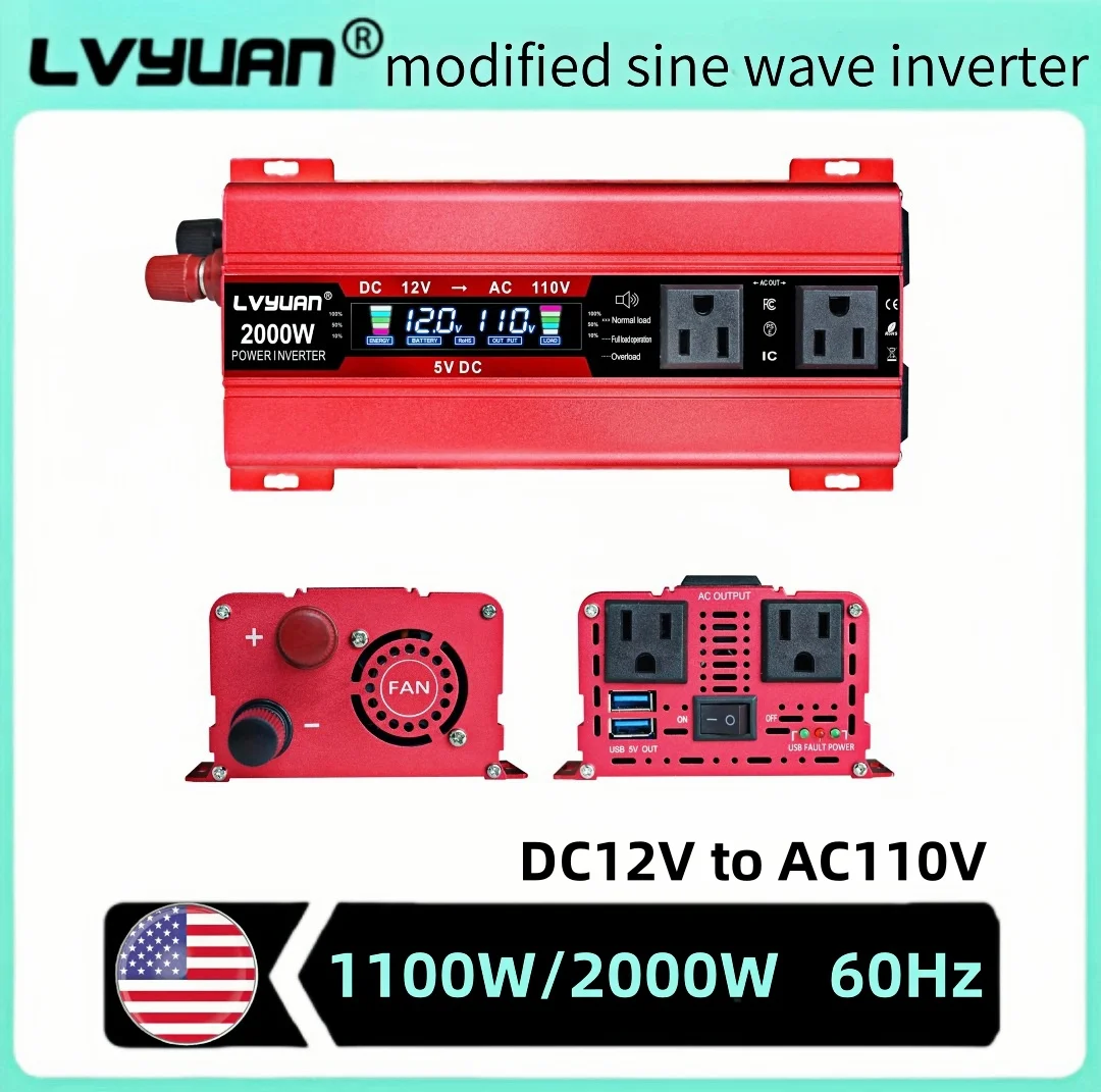 1100W Continuous Power Inverter Car Inversor DC12V AC110V For DC to AC voltage Convert Car Inversor Smart LCD Display 60Hz