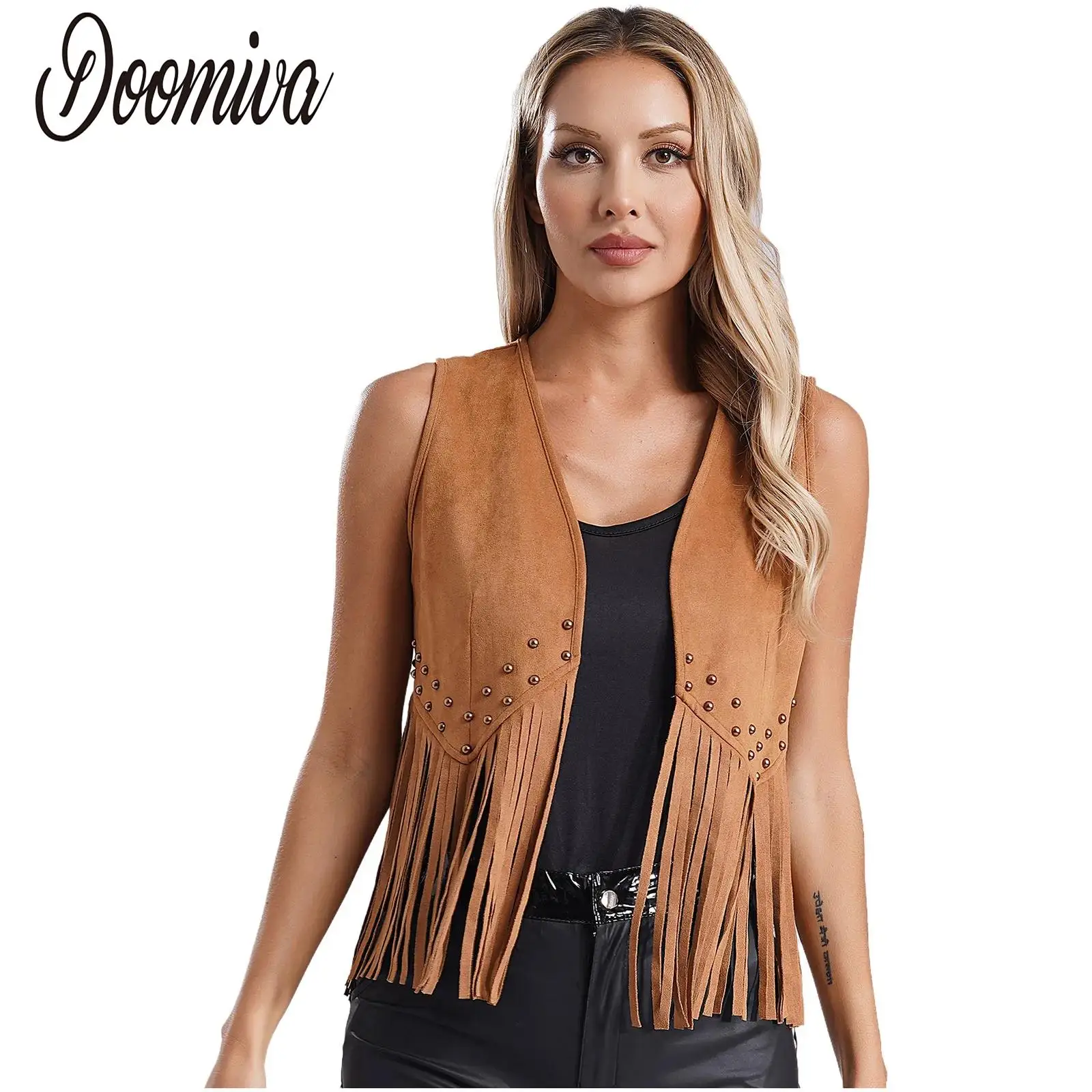 

Western Cowgirl Jackets Women Rivets Faux Suede Fringe Waistcoat 70s Disco Hippie Cardigan Open Front Tassel Vest Tops Cosplay