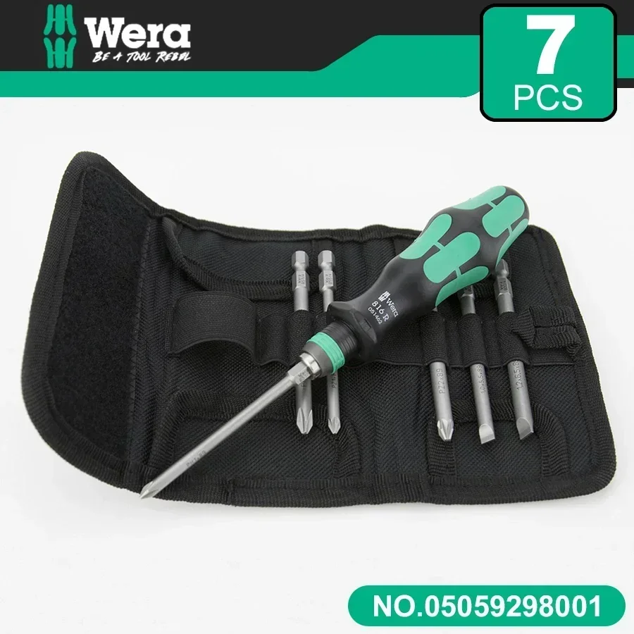 WERA 05059298001 7 PCS Screwdriver Set 6 Long Drill Bits Anti Slip Design for Slotted Phillips Pozidriv Hex Screws with Tool Bag