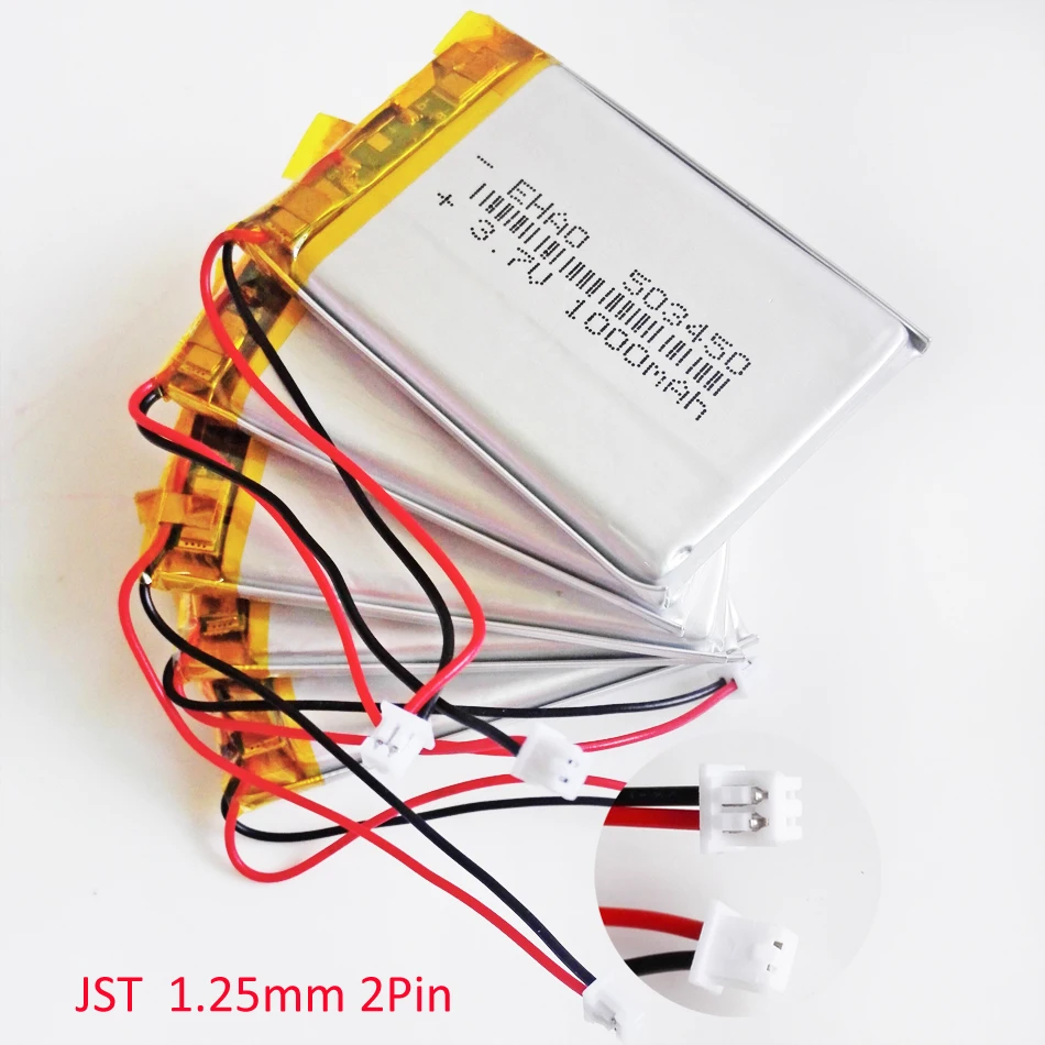 5 x PCS Akumulator Lipo 3,7 V 1000 mAh + wtyczka JST 1,25 mm 2 pin 503450   Do inteligentnego telefonu DVD MP3 Lampa LED Zegarek z aparatem