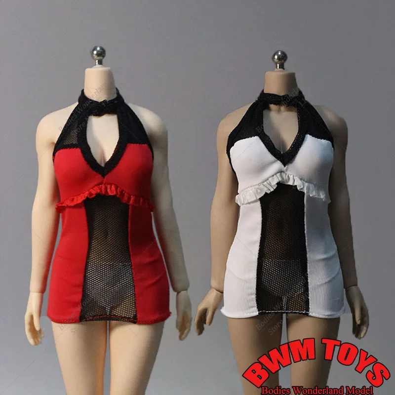 

DMTOYS White Red Color 1/6 Scale Sexy Women's High Neck Backless Mesh Gauze Low Cut Hip Slim Skirt Model Fit 12'' Action Figure