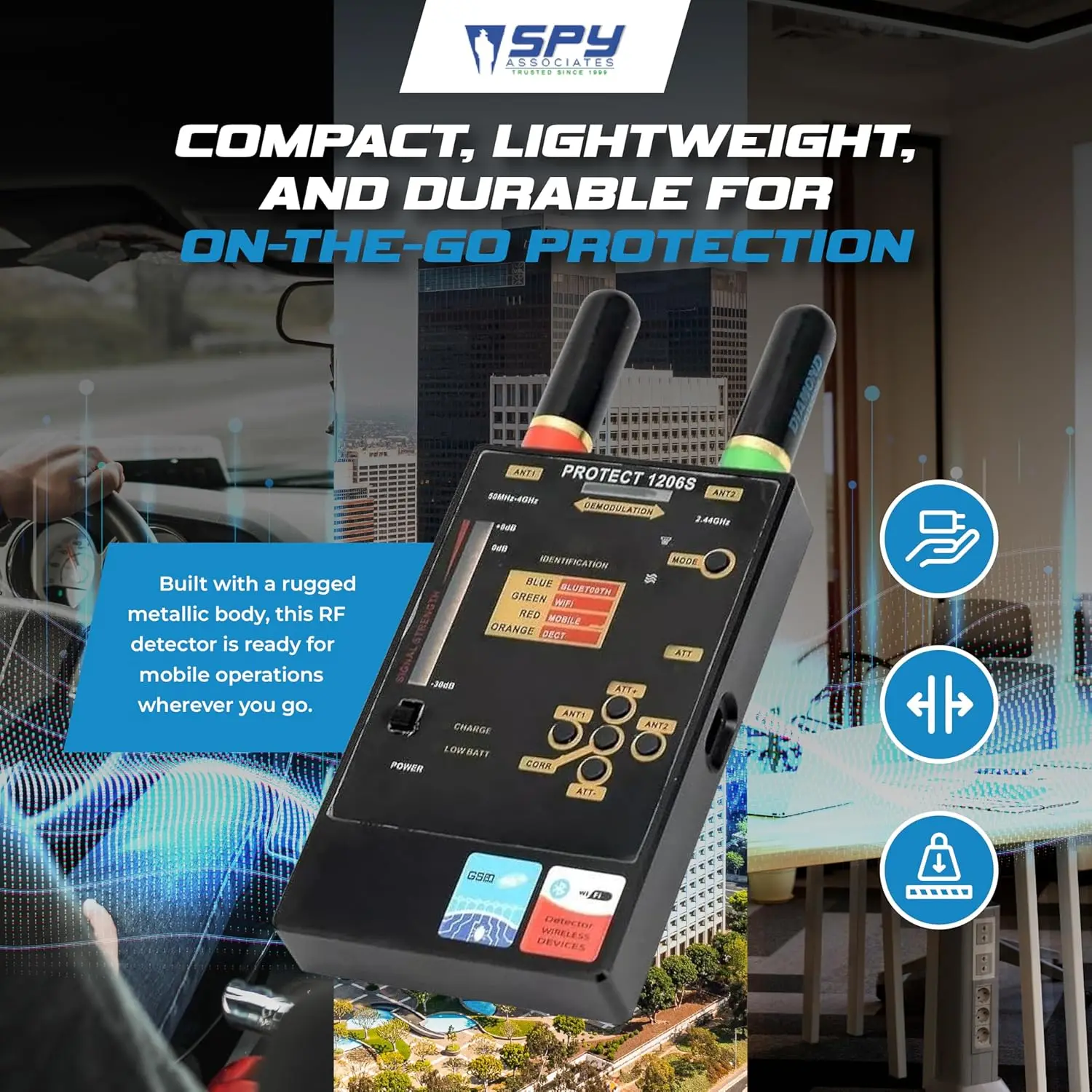 Schützen Sie 1206S-Mehrkanaldetektor, 824 MHz – 7000 MHz, zwei Antennen, erkennen Sie drahtlose Protokolle wie Wi – Fi/Bluetooth