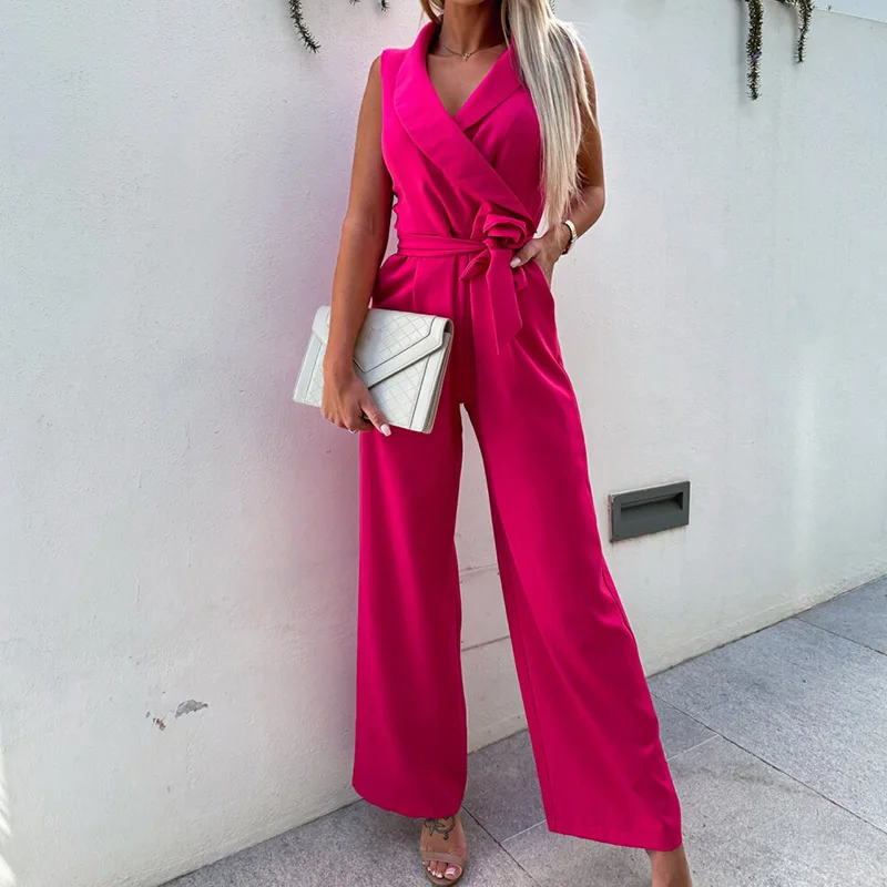 

Office Elegant Wrap Chest Tie-Up Slim Bodysuit 2023 Casual Solid Party Playsuit Lady Fashion V-neck Sleeveless Straight Jumpsuit