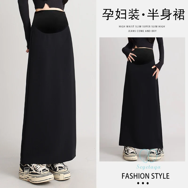 Back Splits Black Maternity Full Maxi Long Skirts 2024 Spring Casual Pencil Bottoms for Pregnant Women Elastic Waist Pregnancy