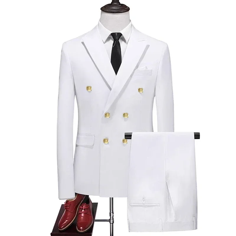 

2024 Fashion New Men's Business Double Breasted Solid Color Suit Coat / Male Slim Wedding 2 Pieces Blazers Jacket Pants Trousers