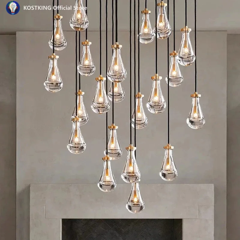 

New Copper LED Pendant Light, Modern Lobby Waterdrop Glass Light, Home Decoration, Hotel Villa Glossy Staircase Ceiling Lamps