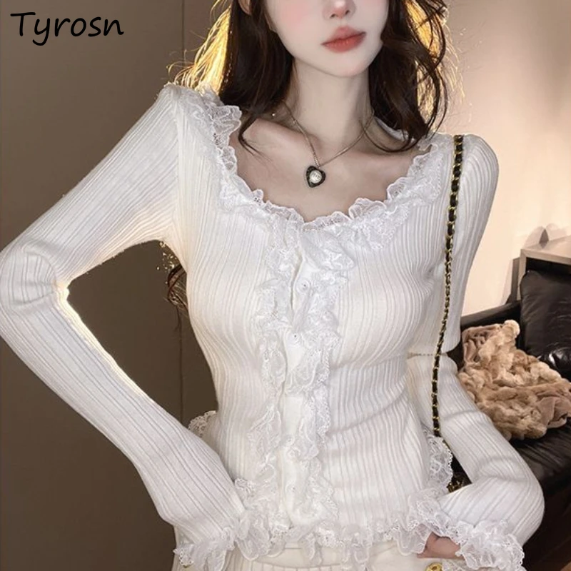 

Solid Cardigan Women Lace Knitted Tops Tender Square Collar Female Flare Sleeve Fashion All-match Autumn Winter Ladies Slim Chic