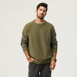 High-end fall men's work style knitwear patchwork colorblocking casual loose sweater zipper pockets round neck pullover tops