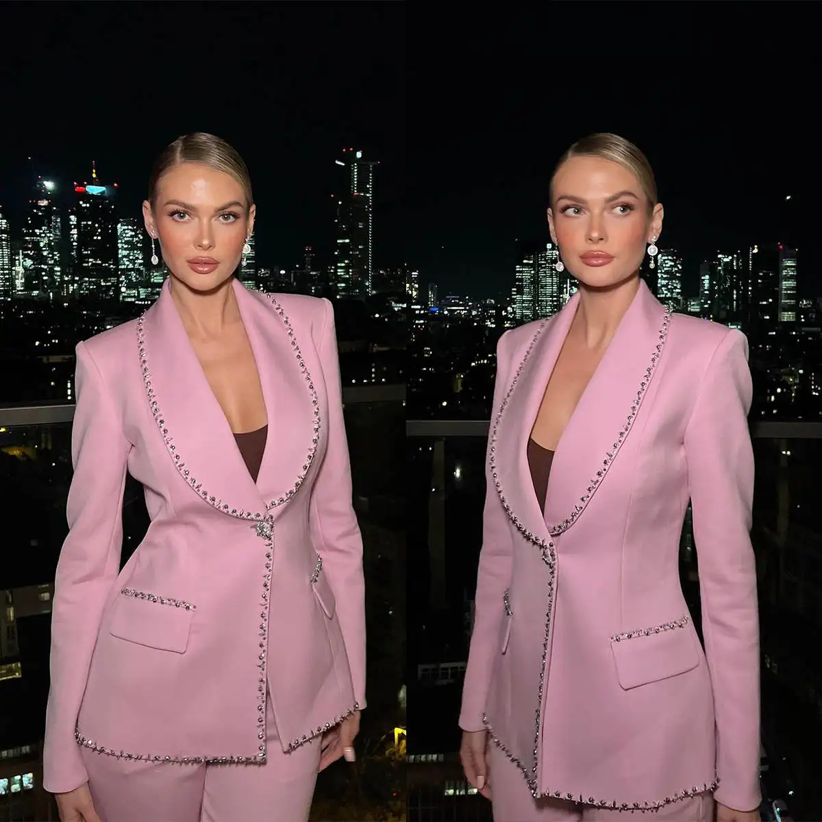 Kırmızı halı kadınlar Suit Set Blazer pantolon 2 parça boncuk şal yaka parti ceket uyarlanmış resmi ofis bayan balo mont