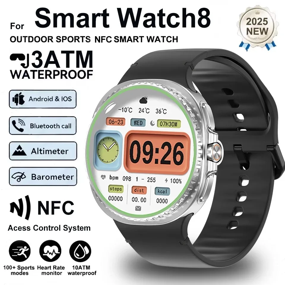 

Смарт-часы Watch8 Мужчины 1,43 дюйма AMOLED Always NFC Дисплей 3ATM BT Вызов Мониторинг сердечного ритма Спортивные умные часы 2025 Новый ГОРЯЧИЙ