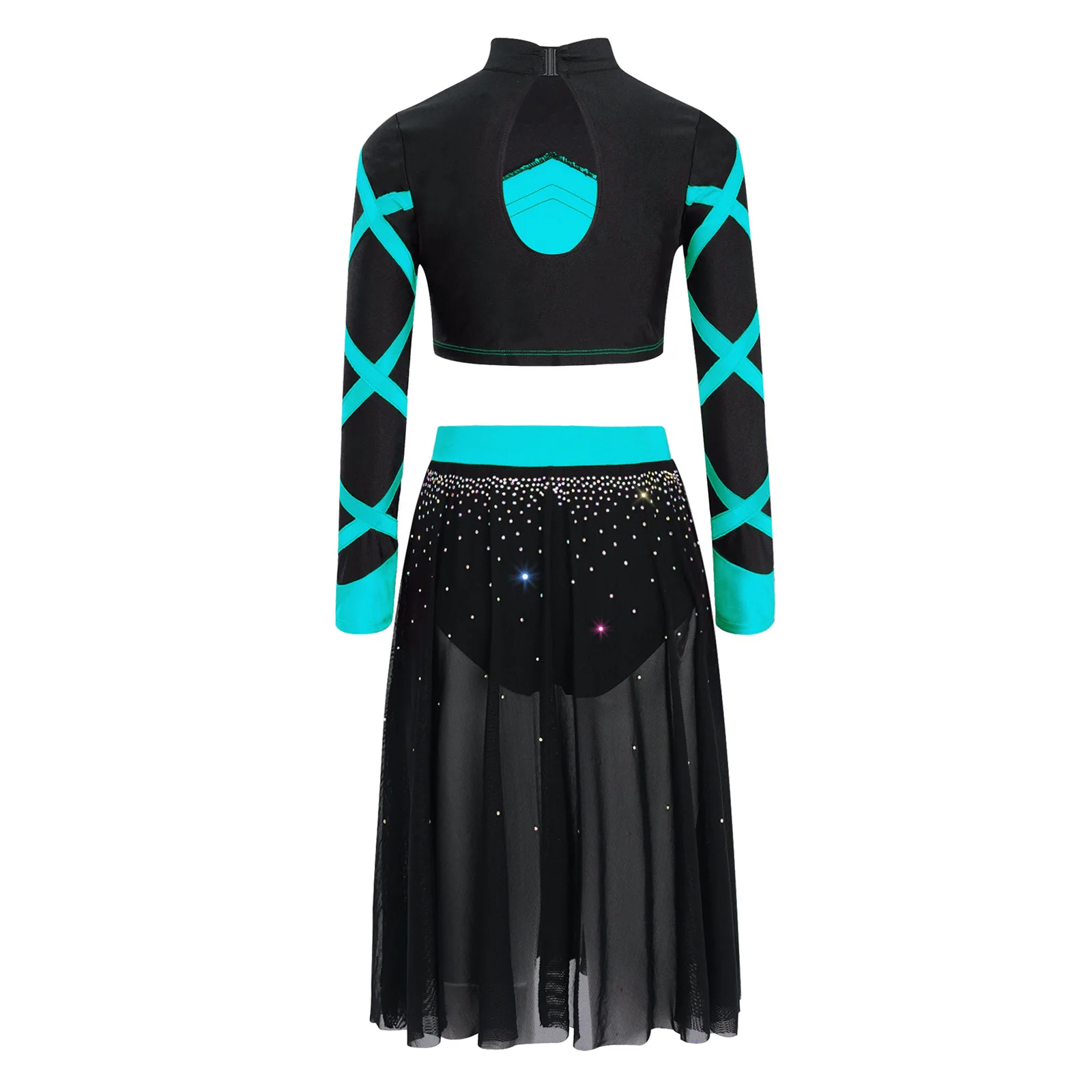 Tenue de danse de Ballet pour enfants filles, ensembles de danse contemporaine moderne lyrique, Costume à manches longues, haut en strass avec jupe en maille fluide