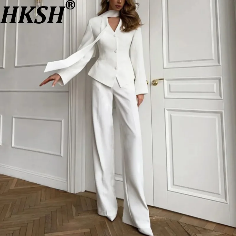 HKSH Spring Autumn New Women's Two Pieces Set V-neck Single Breasted Blazer  Solid Color Wide Leg Pants Office Lady Suit HK14236