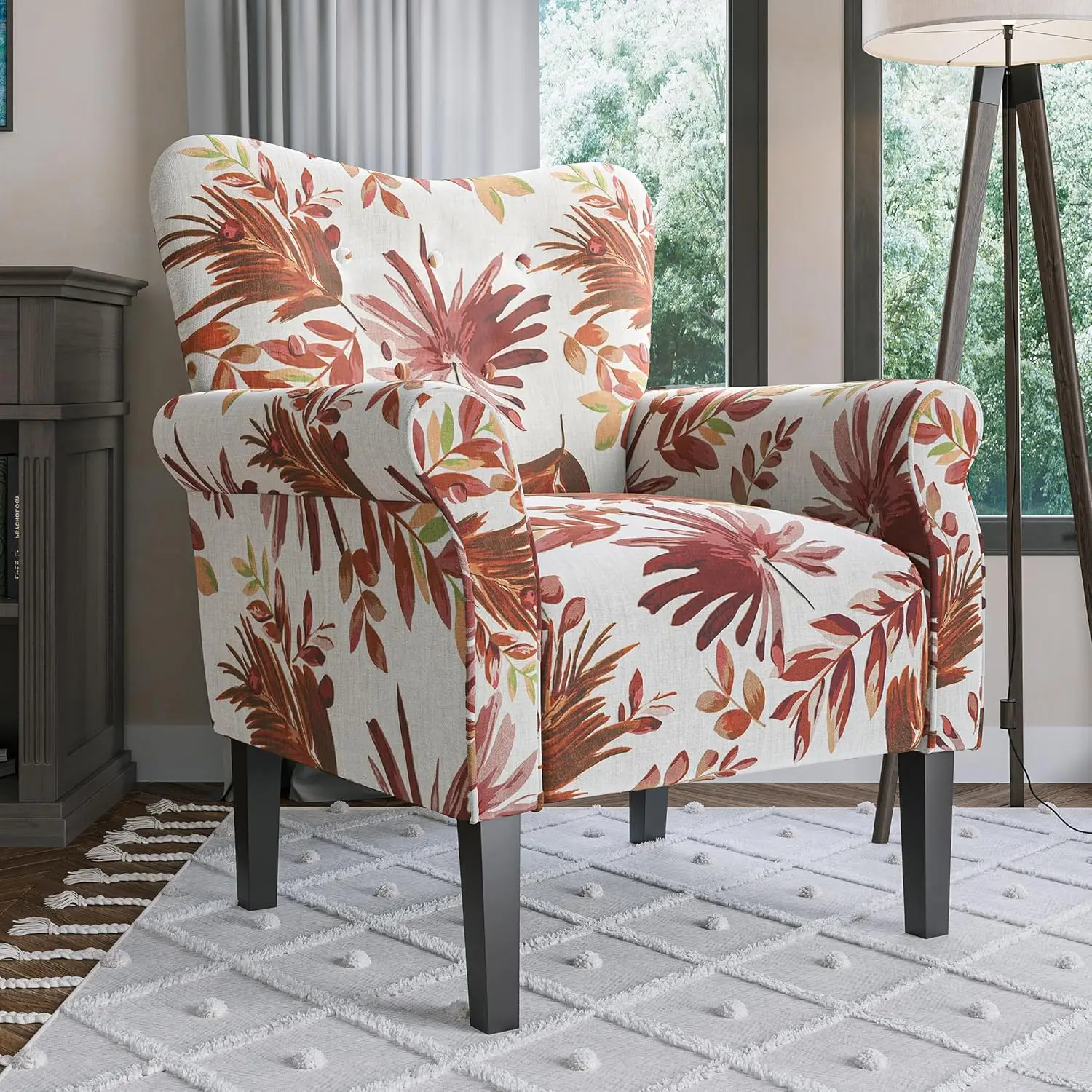 #Modern Floral High Back Armchair Wooden Legs Upholstered Wingback Padded Armrest Single Sofa Living Room Bedroom Red