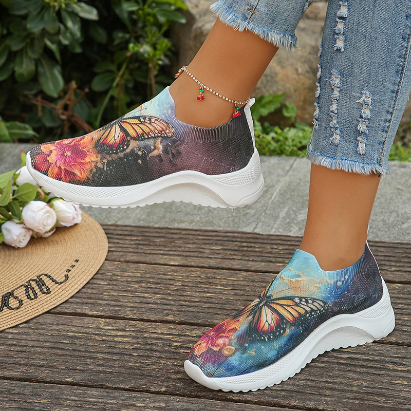 Fashion Printed Knitted Flats Women 2024 Summer Lightweight Breathable Mesh Sneakers Woman Slip On Casual Walking Shoes Size 43