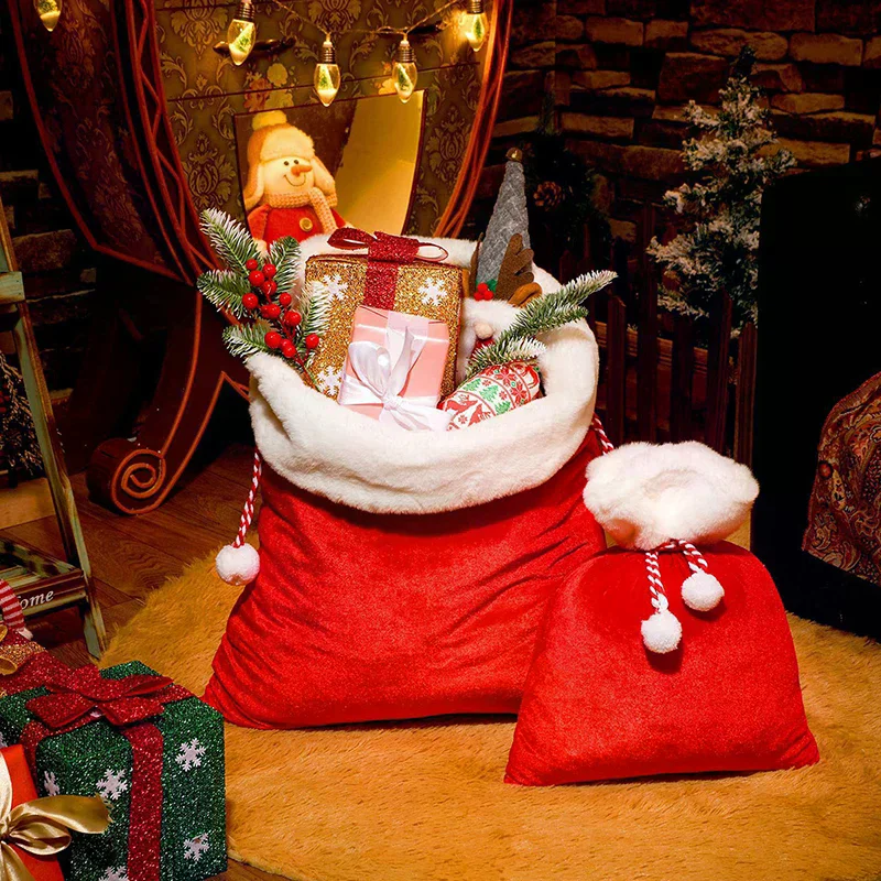 Natal de pelúcia saco de papai noel cordão com pom pom para crianças saco de presente de natal de luxo feliz natal