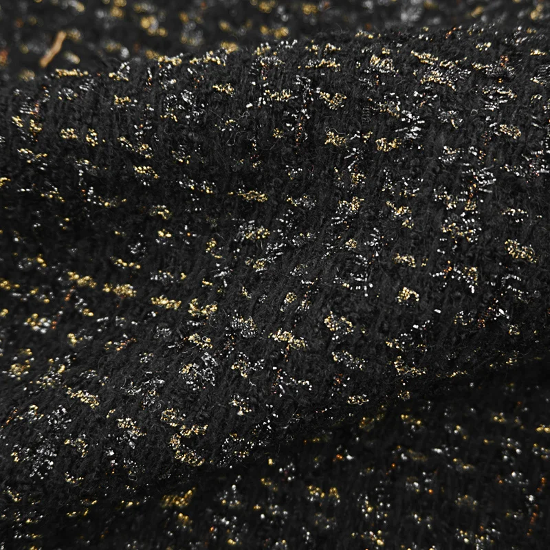 

2021 New Black Gold Wool Weave Tweed Fabric for Coat Dress Telas Por Metro Tissus Au MÈTre Твид Ткань Sewing 트위드 Tecido ツイード