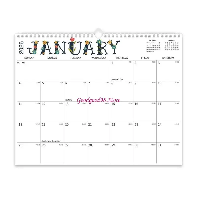 

2026 Wall Calendar Planner Twin Coil Binding Calendar With Unlined Daily Blocks 18 Month runs from Jan 2026 to Jun 2027