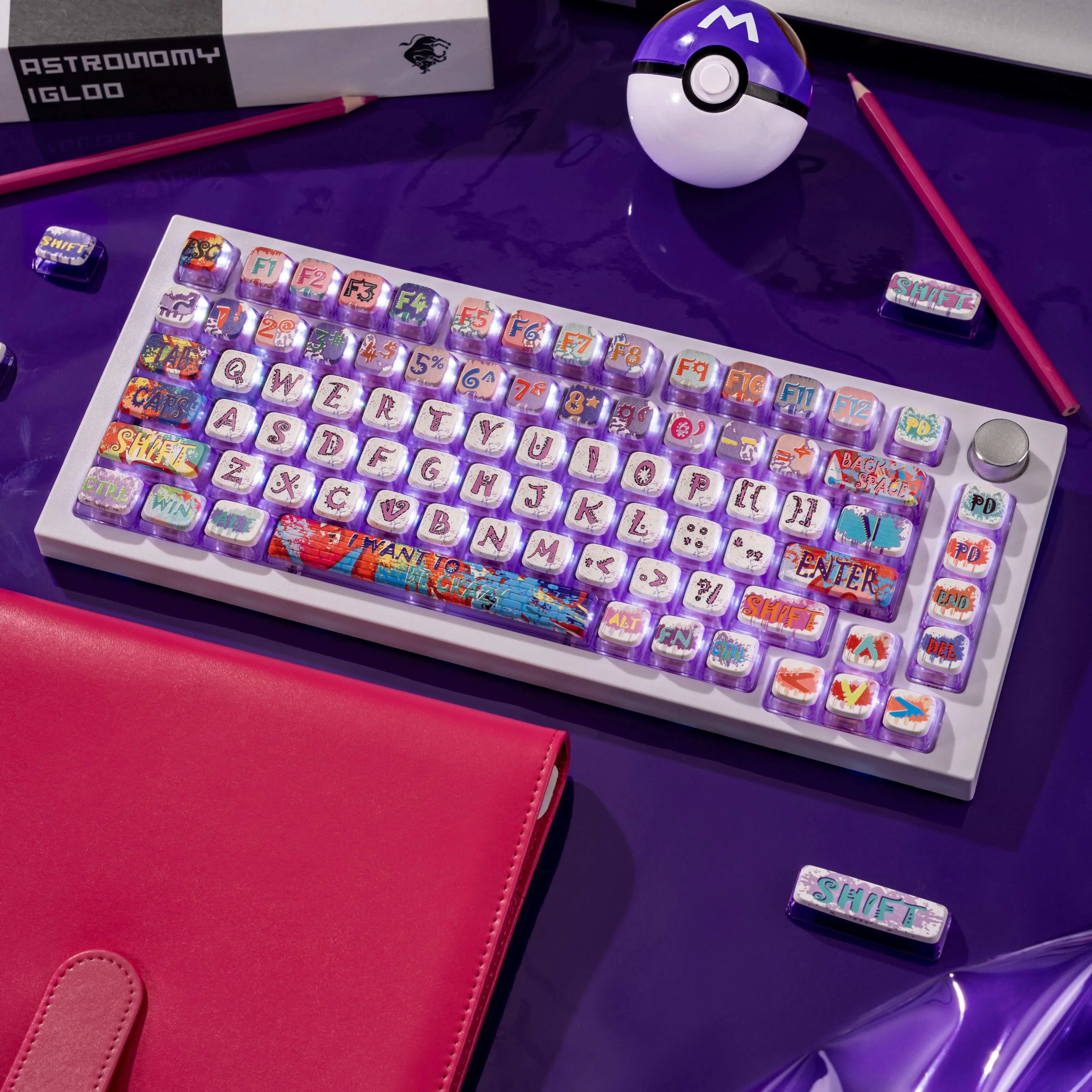 

Crystal rose purple transparent keycap Night Demon hot sublimation ASA Night Demon RGB keycap designer joint model
