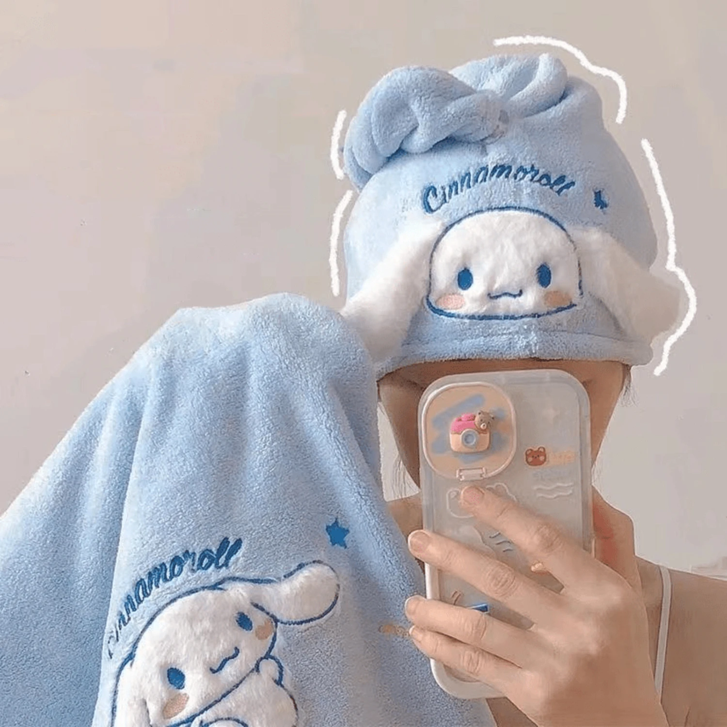 طقم مناشف حمام قطيفة من Cinnamoroll ، نمط تطريز لطيف ، ماصة وتجفيف سريع ، مجفف شعر رقيق