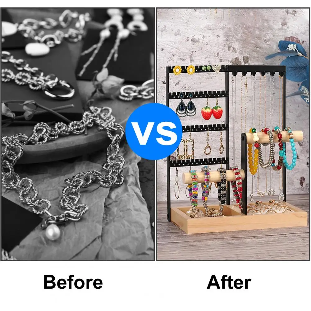 Ring Display Tray Multi-tier Jewelry Organizer Stand with Wooden Tray Necklace Holder Earring Display Rack Bracelet Ring Storage
