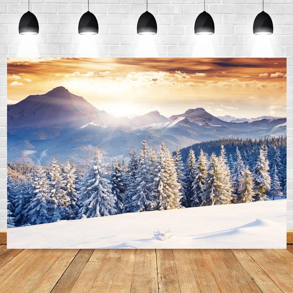 Winter Christmas Wonderland Photography Background Snow Town Mountain Scenery Birthday Party Forest Photo Backdrops AD-05