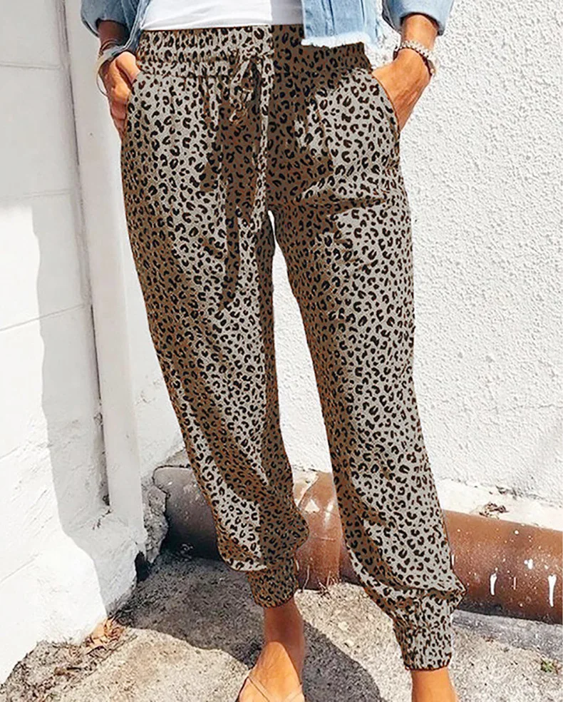 Summer New European and American Women\'s Leggings Loose Leopard Print Lace Up Casual Pants 2023