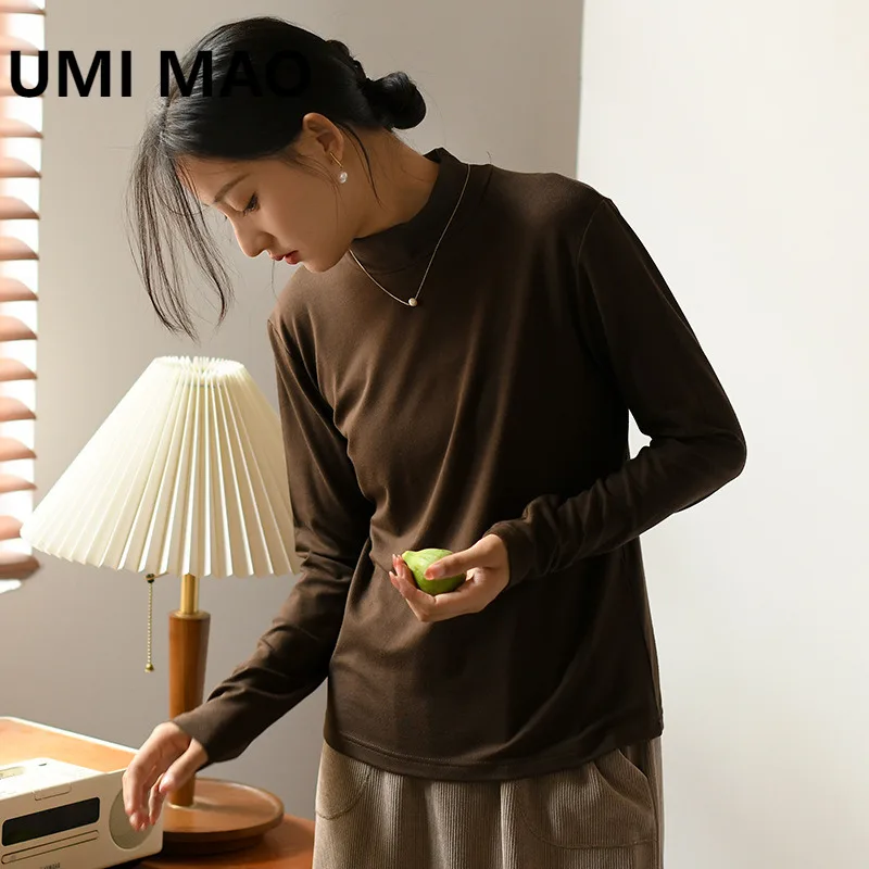 UMI MAO Long Sleeve Top Spring New Women's Half Turtleneck Base Shirt Elastic Slimming Women's Outerwear T-Shirt Top Femme