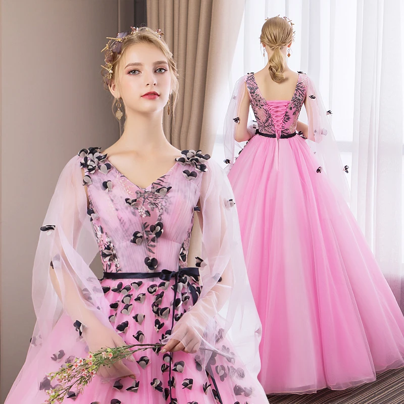 V-neck Half Sleeve Evening Dress Banquet Flower Fairy Performance Dress Host Pong Skirt Studio Flower Colored Yarn Customized