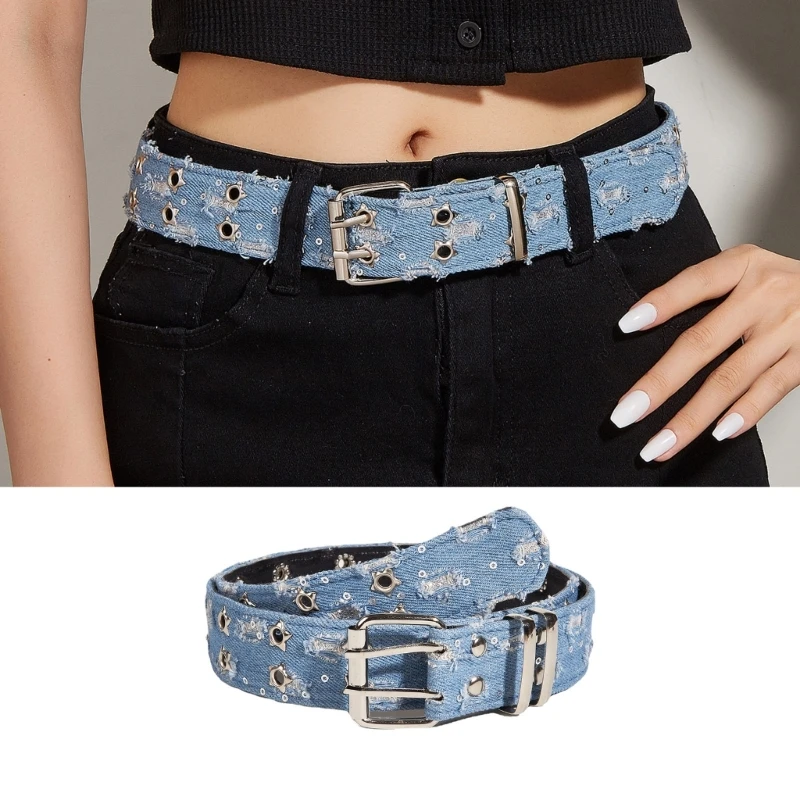 Double Pin Buckle Belts Washed Denim Design Adjustable Waist Straps