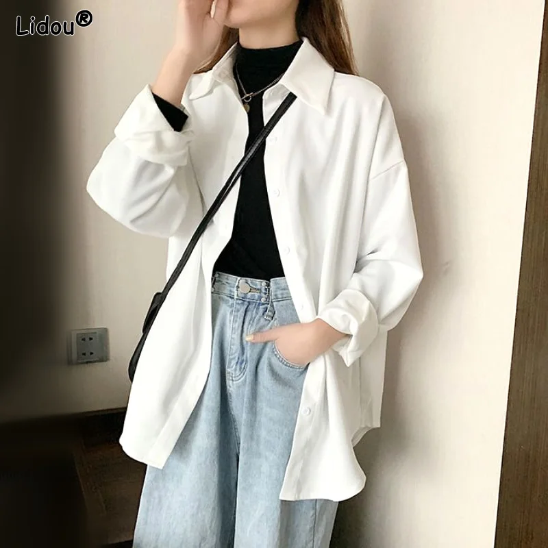 

Long Sleeve Solid Blouses Fashion Young Style Simplicity Loose Button Turn-down Collar Neutral Spring Summer Women's Clothing