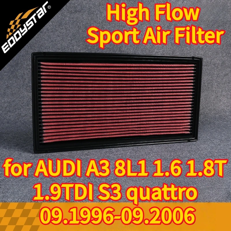 

Спортивный воздушный фильтр с высоким расходом для AUDI A3 8L1 1,6 1,8T 1,9TDI S3 quattro 09.1996-09,2006 Моющиеся гоночные впускные фильтры