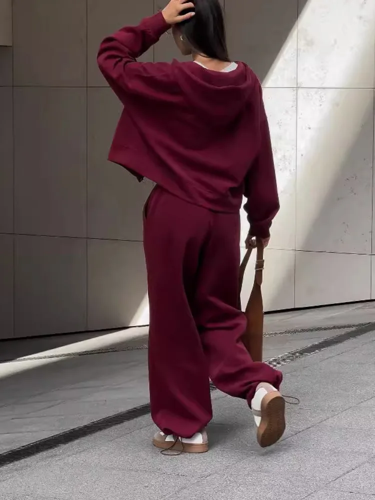 UCXQ Fashion Ancora Red Sets Comfortable Casual Hooded Sweatshirt Wide Leg Pants Street Two-piece Set For Women 2025 Spring 2877