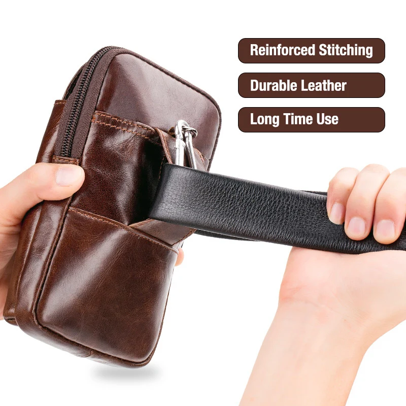 Top layer cowhide men\'s belt bag for casual outdoor mobile phone bag, genuine leather waist bag