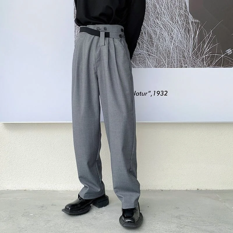 Trousers Black Men's Spring Casual Straight Long Pants 2022 New High Waist Belt Design Suit Pants Niche Chic Bottoms 2A0215