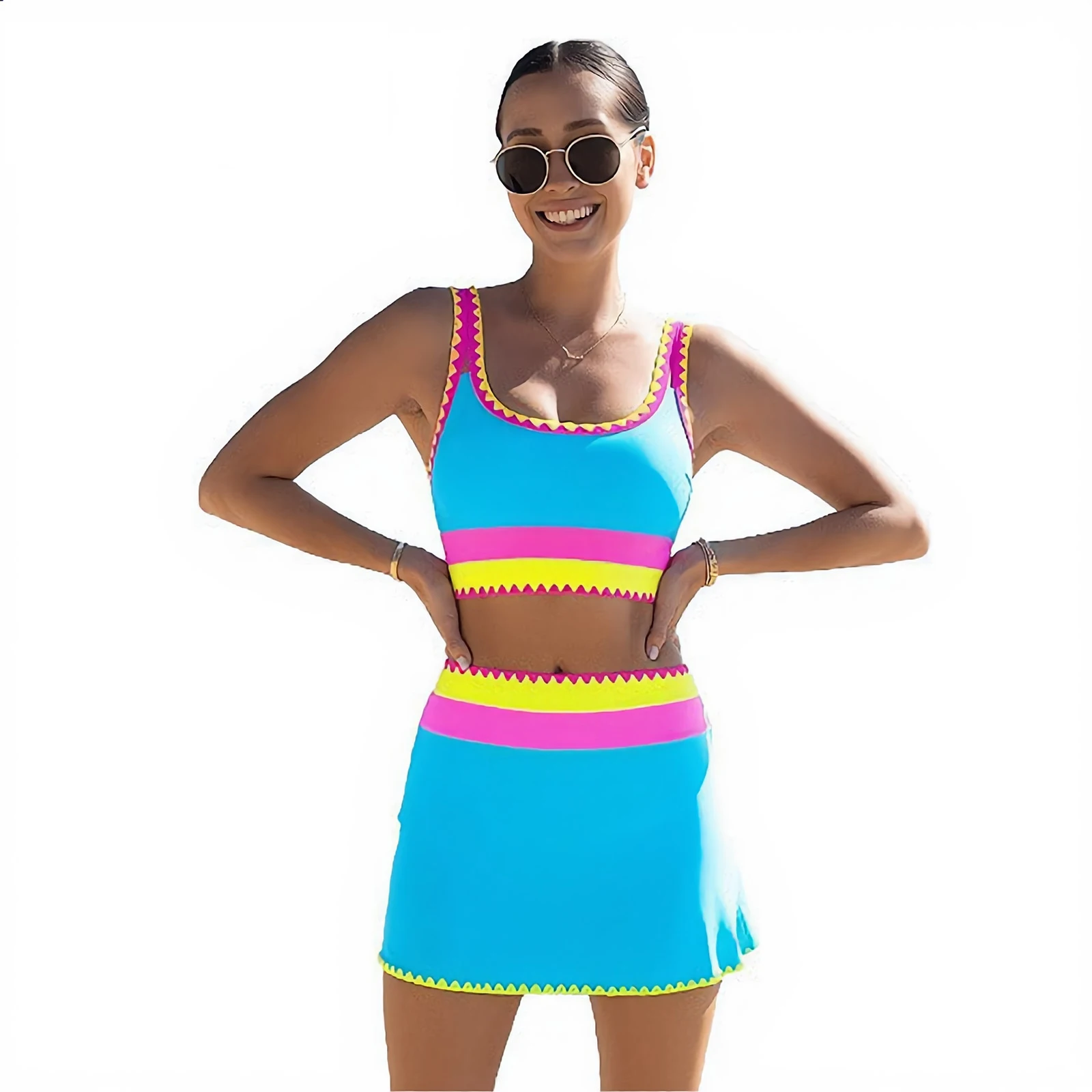Womens 3-piece Bathing Suit Bikini Bra Tank Top with Swim Briefs and Cover-up Skirt Sets Swimwear Outfits for Ocean Surfing Fun