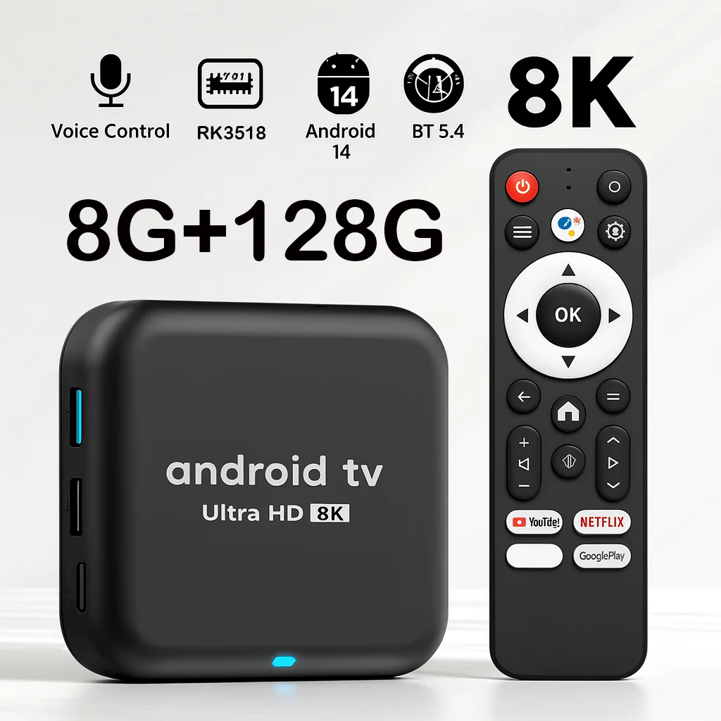 Android 14 TV Box RK3518 8K Ultra HD reproductor multimedia con Control de voz WiFi 6 BT 5,4 Netflix YouTube Google Play decodificador inteligente