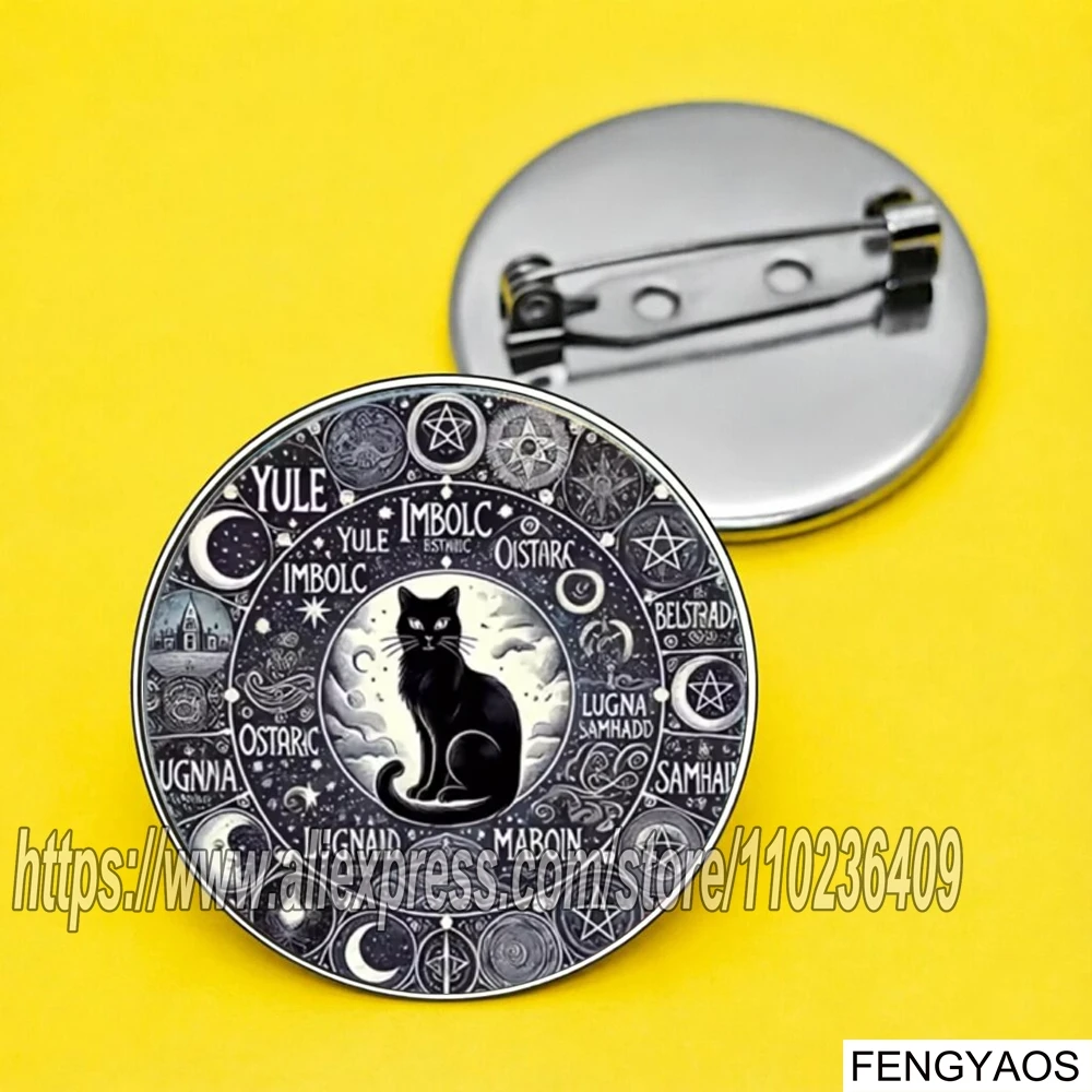 Stainless Steel Wiccan Wheel of Year Black Cat Brooch Pagan Sabbat Calendar Pins Witchy Gothic Bag Charm