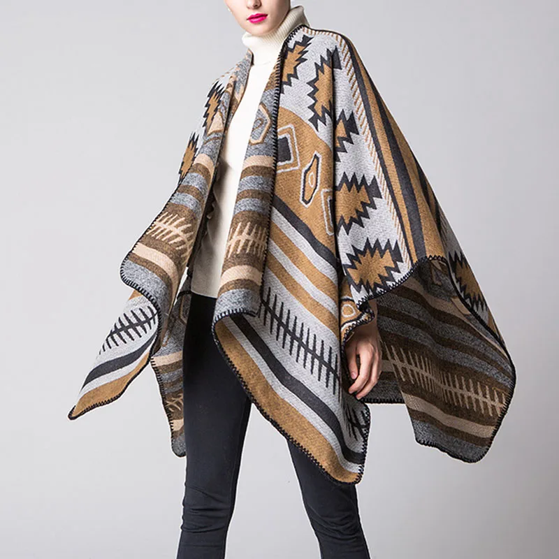 

Winter Warm Women‘s Boho Open Front Poncho Cape Thickened Luxury Scarf Blanket Oversize Long Printed Shawl Wrap Cardigan Coat