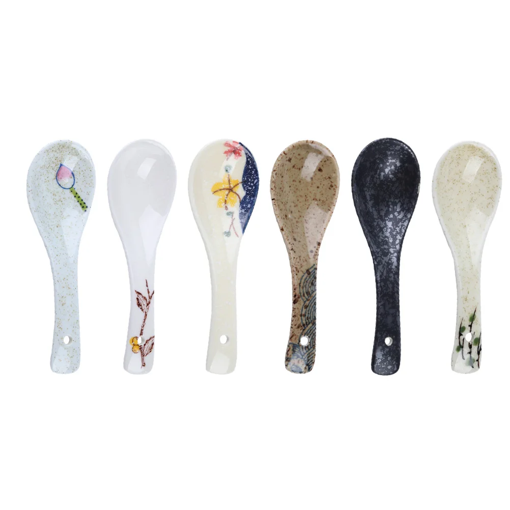 

6Pcs Ceramic Spoons Japanese Style Spoons Assorted Pattern Soup Rice Spoon for Home Dining Room Kitchen Table Decoration