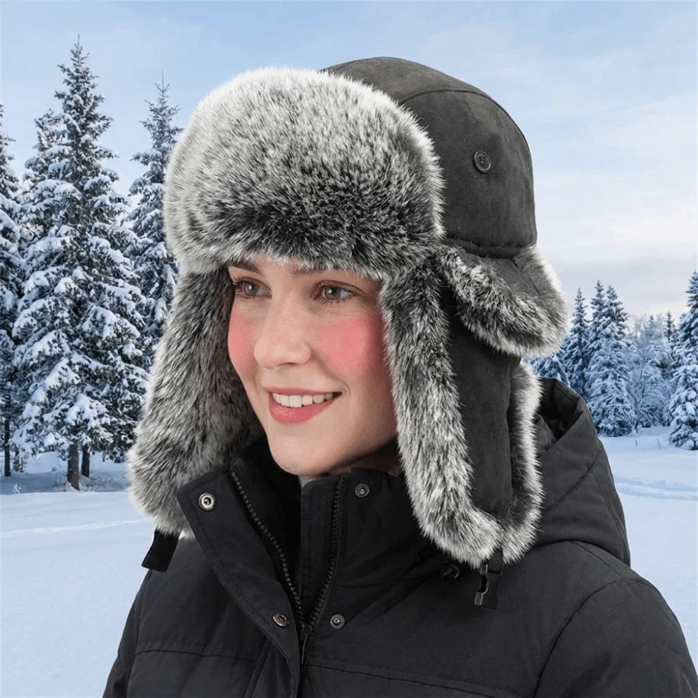 Atmungsaktiver Wildlederstoff, Herren-Lei-Feng-Mütze, dicke Kunstfell-Ohrschutzmütze, warme, mit Fleece gefütterte, kältebeständige Mütze zum Skifahren. – Detail 7