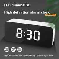 1Pc White LED Mirror Table Clock Snooze Display Time Night Light Desktop USB Alarm Clock Home Decor