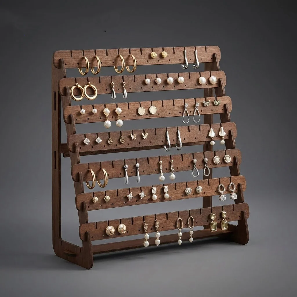 Vintage Holz-Ohrringständer mit Großer Kapazität für Ohrstecker und Hängeohrringe, Schmuck-Aufbewahrungsregal, Theken-Präsentationsständer – Detail 2